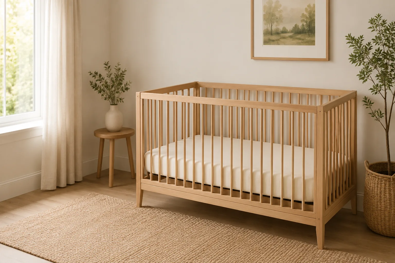 A neutral nursery with a standard crib and a firm mattress covered by a fitted sheet.